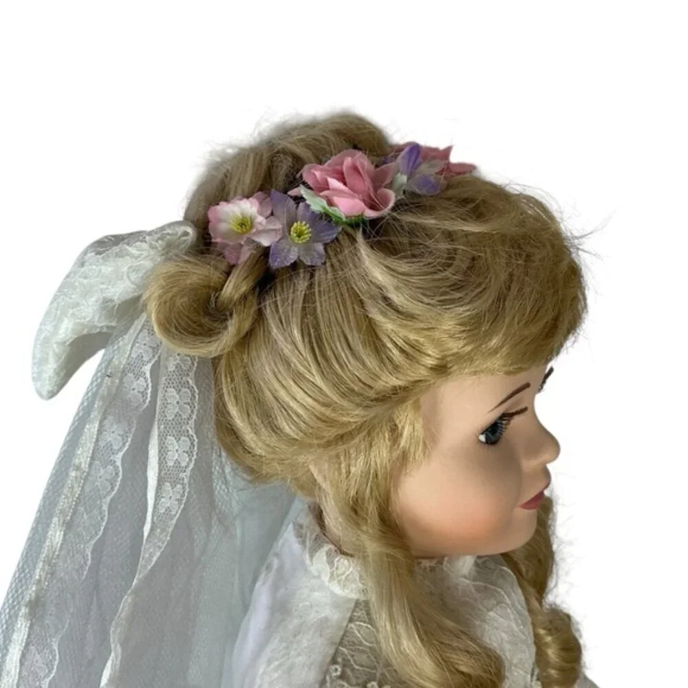 Vintage Porcelain Bride Doll Victorian Wedding Gown Blond Hair Bridal Doll 23 in